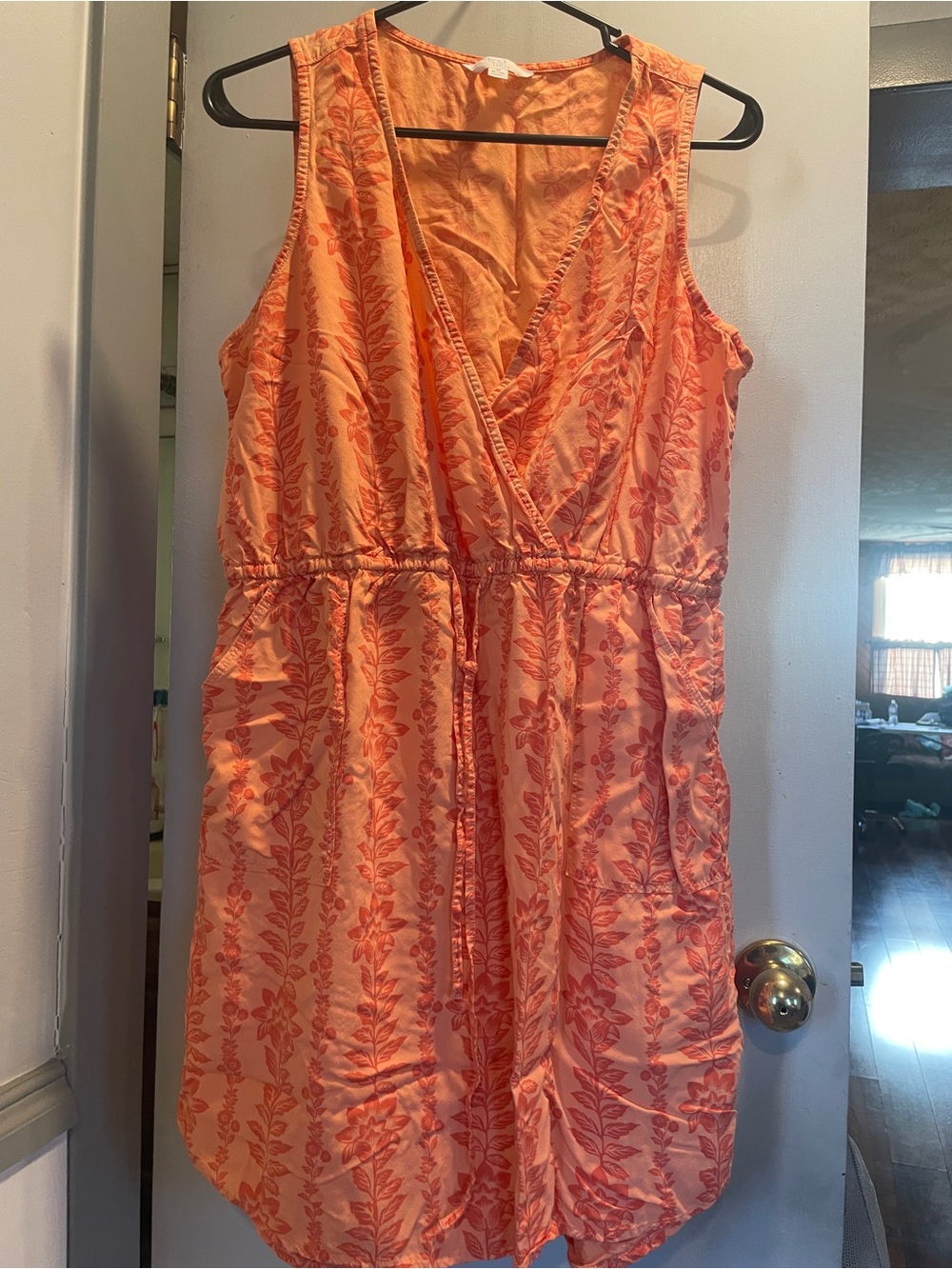 Time and Tru Orange Floral Wrap-Style Drawstring Mini Dress size M (8-10)